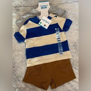 Carter's 3 pc set, Blue Striped Tee, Knit Shorts & gray t-shirt, size 9 mos